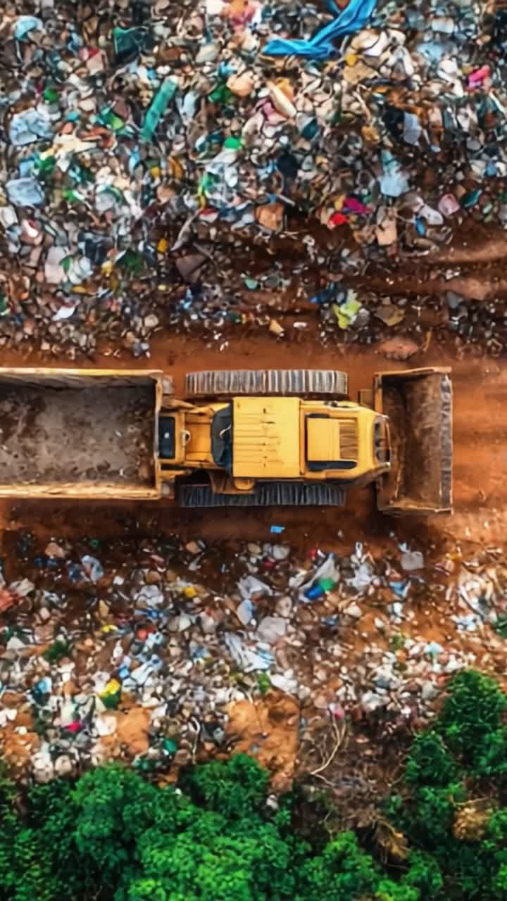 Una vivace vista aerea di un bulldozer giallo che si muove attraverso una vasta distesa di rifiuti e detriti, evidenziando l'urgente problema dell'inquinamento ambientale e della gestione delle discariche.