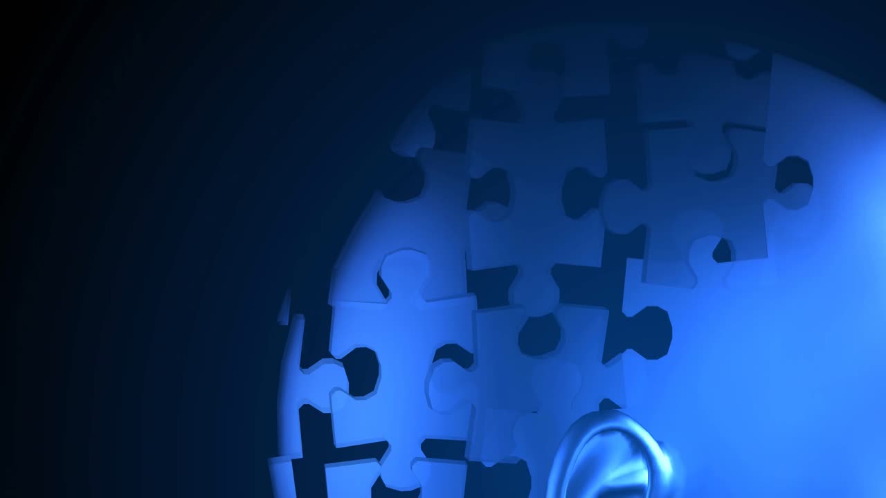 animación de una cabeza humana azul y un rompecabezas sobre fondo negro