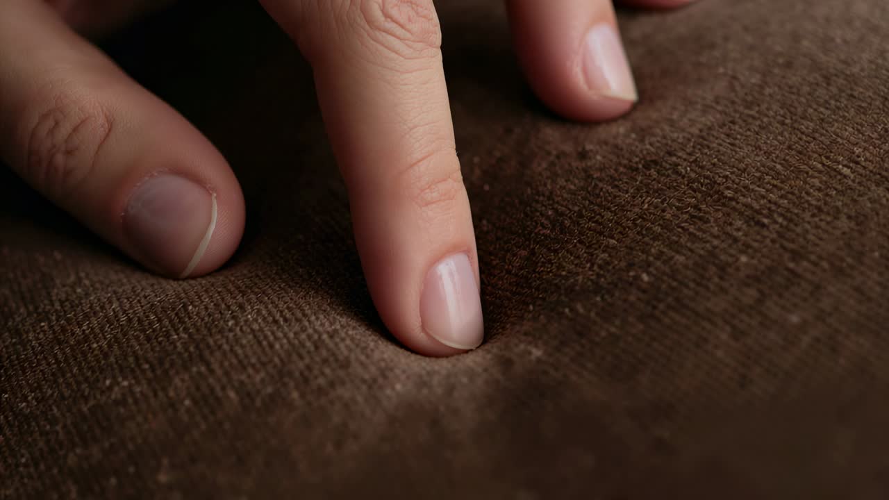 Touching right index fingertip pressing into brown fabric cushion at home, testing padding rebound