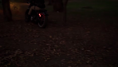 attractive guy rides a motorcycle cross country between trees or forest