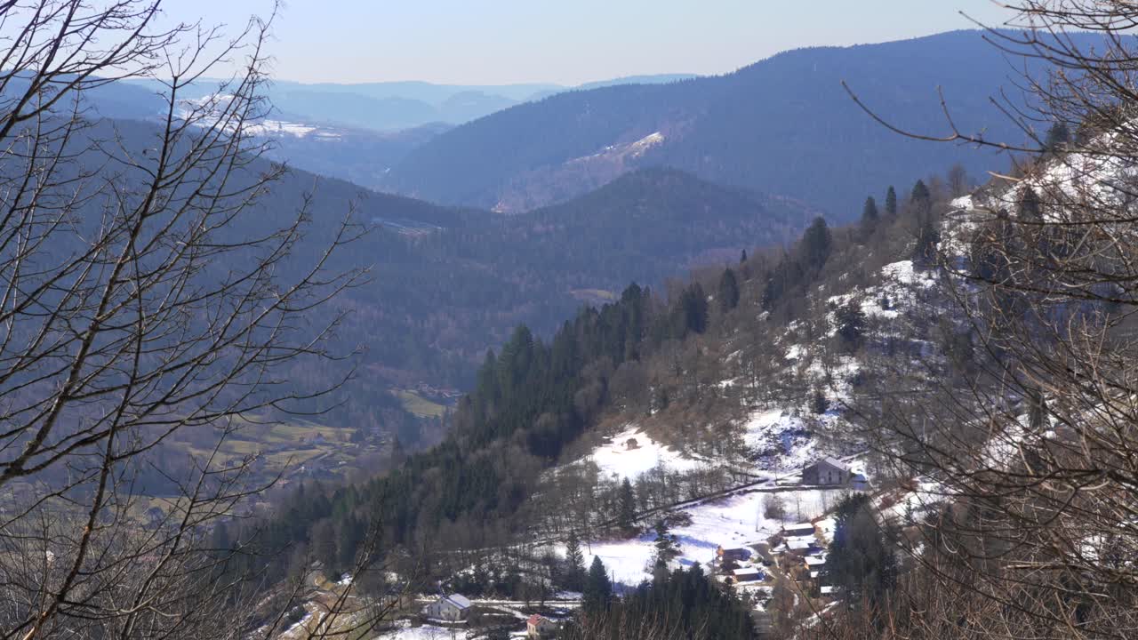 Nature hills landscape winter snow covered fir evergreen forest Vosges France region