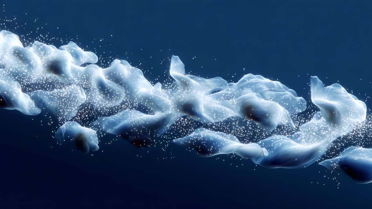 An Ethereal Journey Through Abstract Fluid Dynamics: Exploring the Intricacies of Flowing Shapes and Sparkling Particles in a Mesmerizing Display of Movement