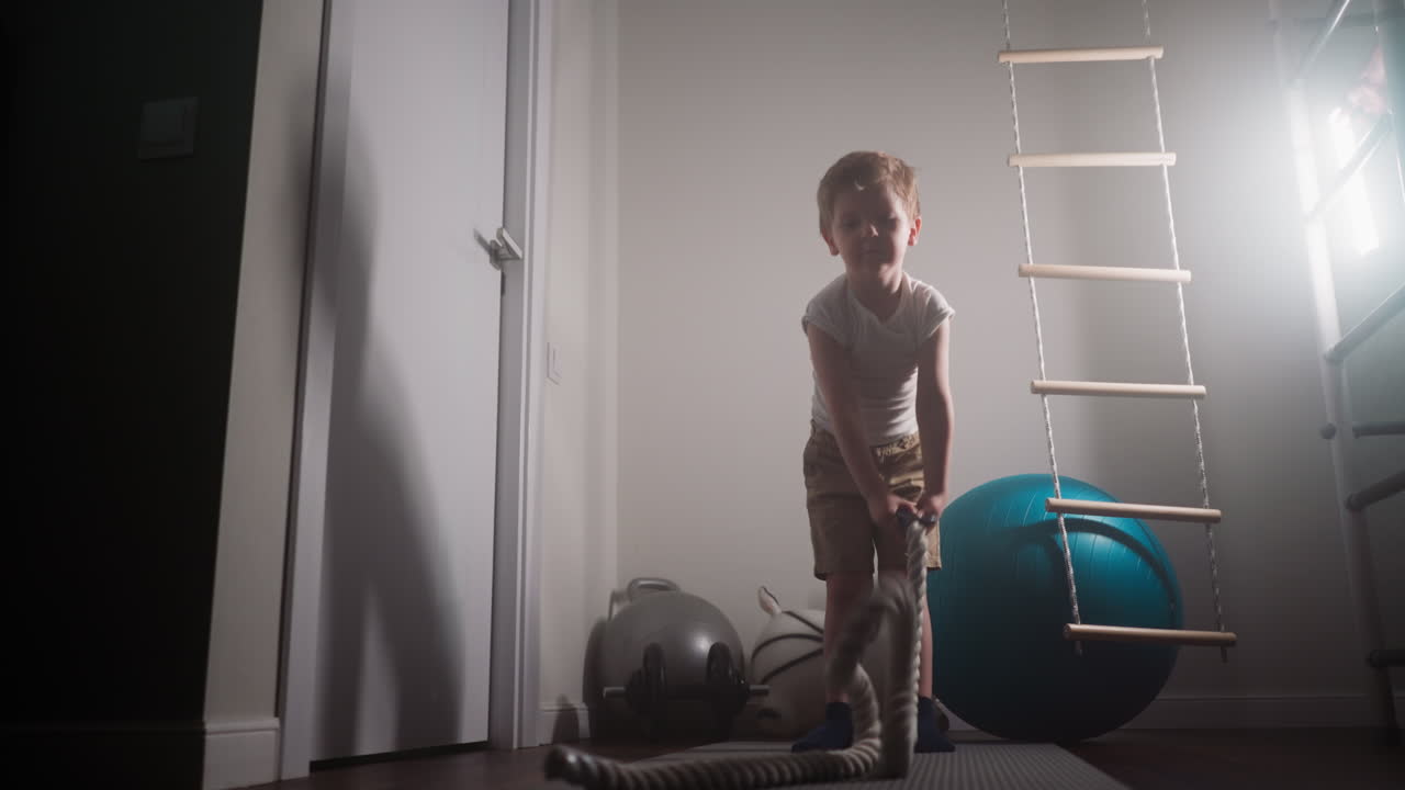 Motivated toddler tries workout with battle rope in hands