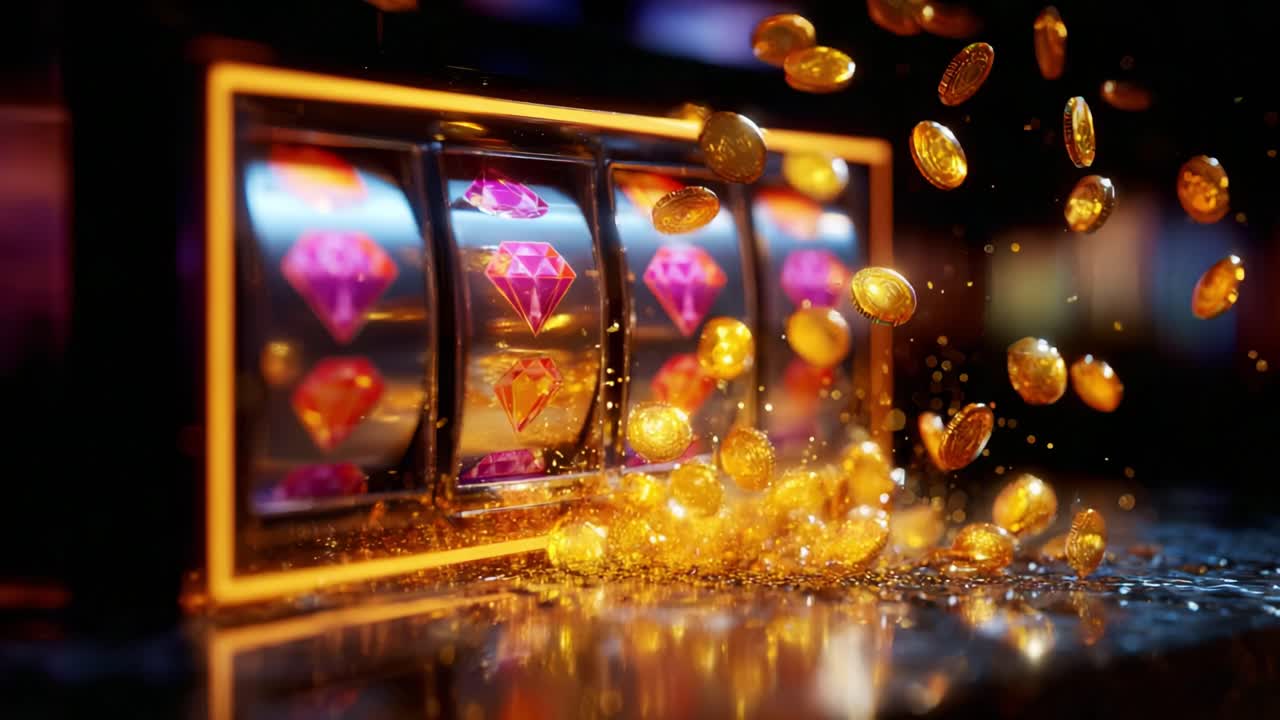 A Dazzling Slot Machine Experience: Glimmering Gems and Coins Pouring Out in a Thrilling Display of Luck and Fortune, Capturing the Excitement of Gameplay and Winning Moments