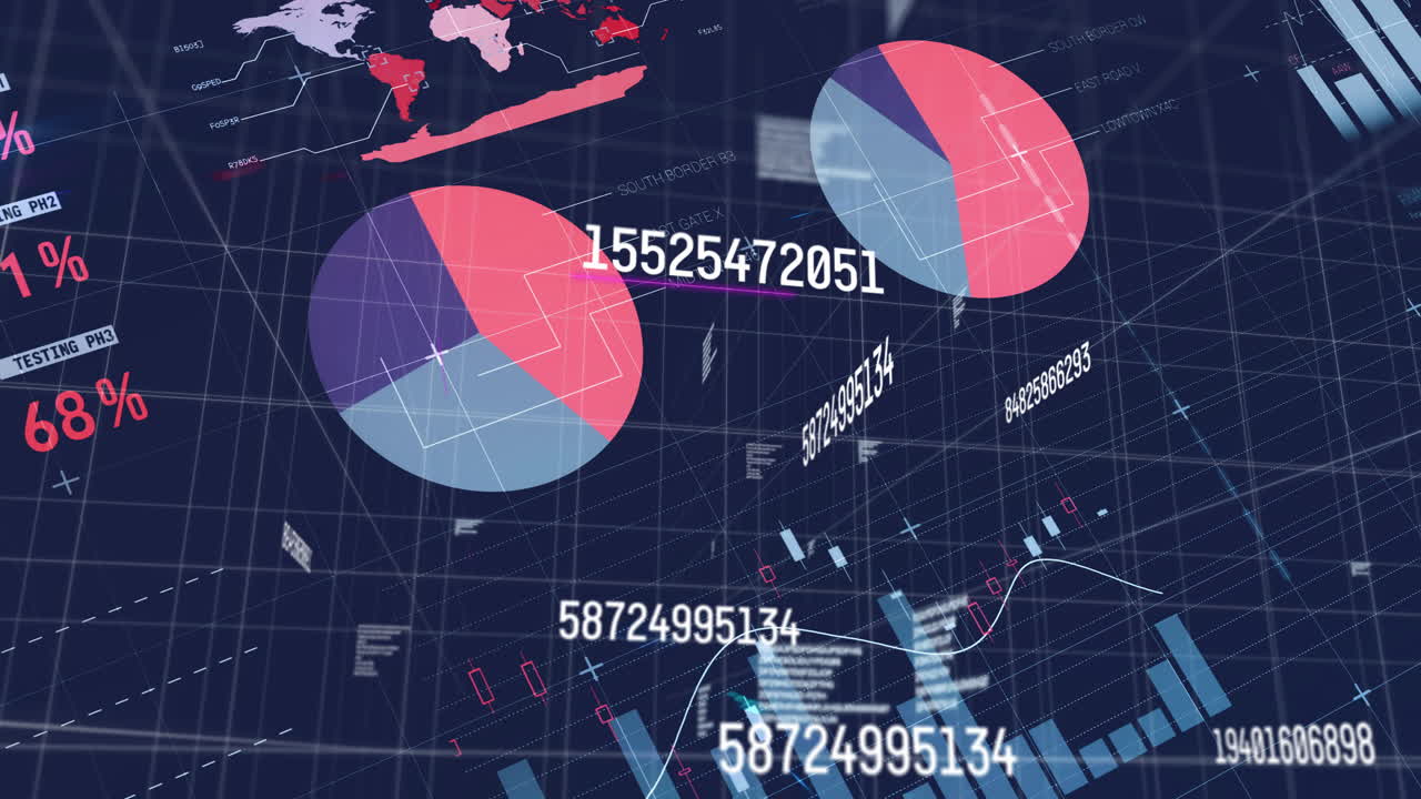 Animation of financial graphs and pie charts with numerical data over world map