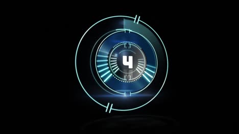 animación de la placa de circuito de computadora sobre el escaneo de alcance con cuenta atrás en fondo negro
