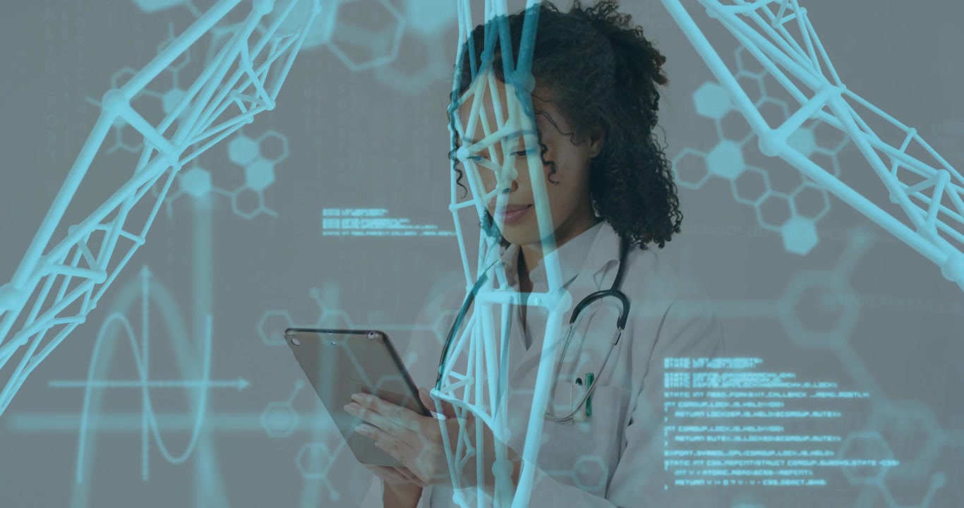 Female Doctor Using Digital Tablet with Medical Data Overlay