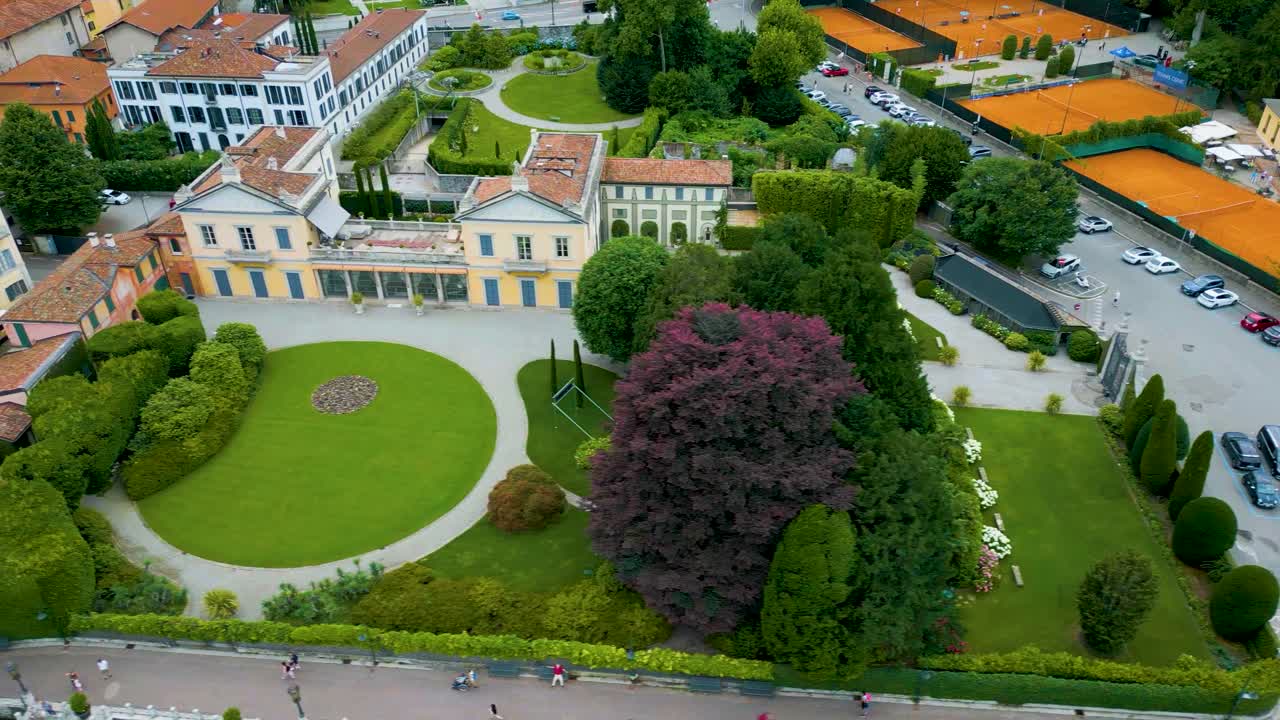 4K Aerial Drone Video of the Beautiful Lakeside Gardens of Brivio Serena Villa on Lake Como, Italy in the Summer
