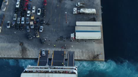 Droneshot-of-Paros-Harbor-with-ferryboat-Parikia-in-Greece