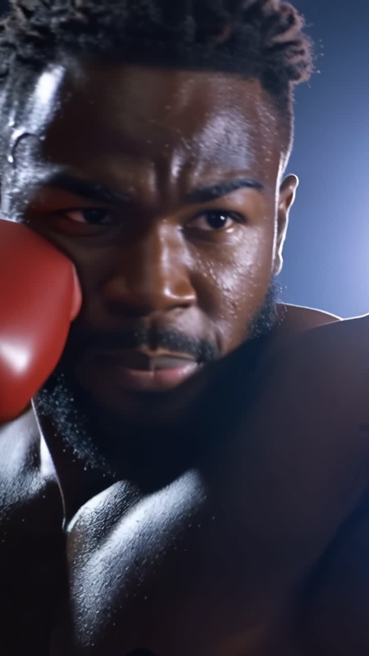 A focused boxer trains intensely, showcasing determination and grit with sweat glistening on his skin as he prepares for the next round of competition