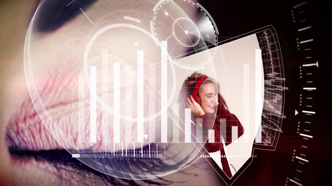 Animation of round scanner and data processing over close up of a female eye