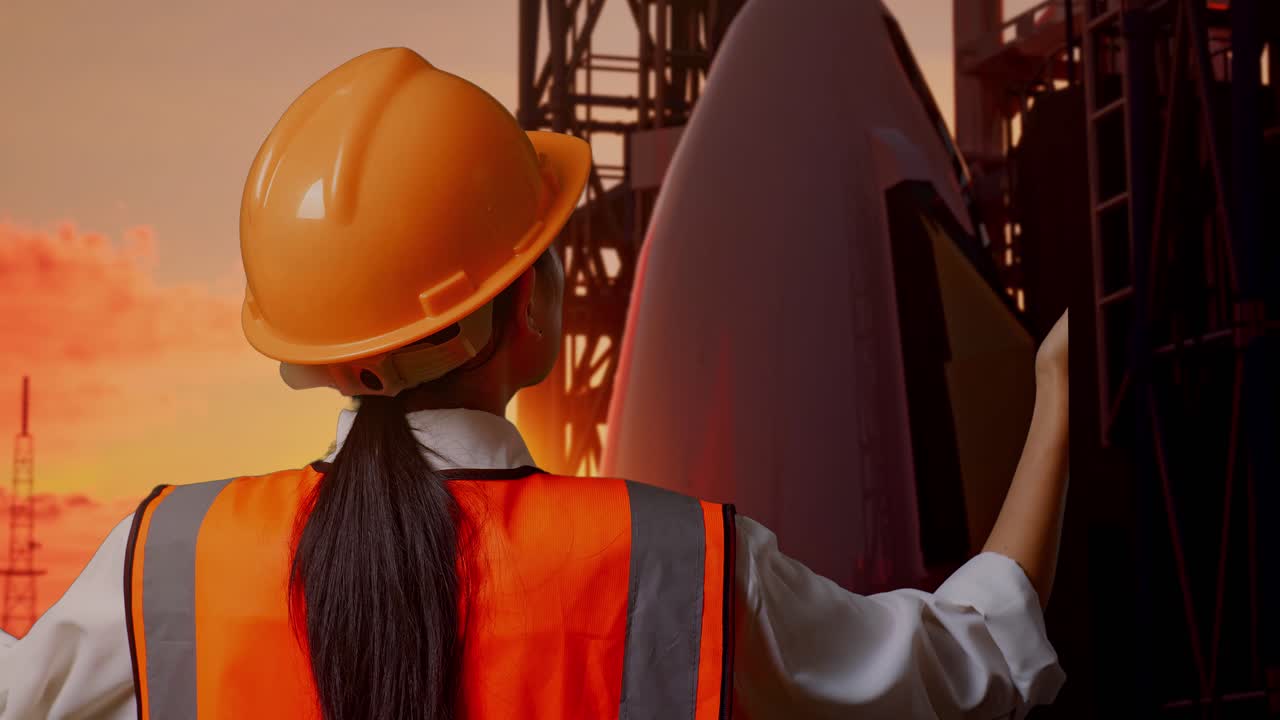 vista posterior cercana de una ingeniera con casco de seguridad extendiendo los brazos mientras está de pie con el transbordador espacial, hora de la puesta del sol