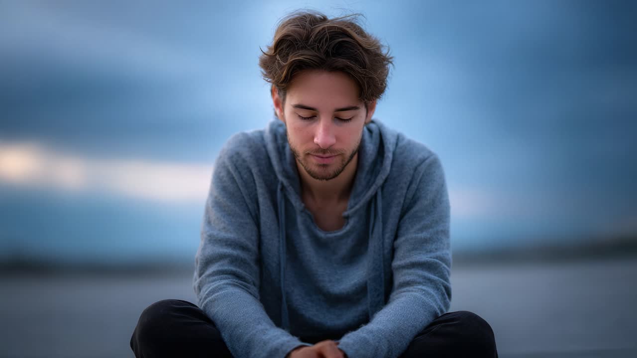 Um jovem pensativo está sentado calmamente perto da água, imerso em pensamentos enquanto reflete sobre a vida, cercado por uma atmosfera noturna serena e nublada.