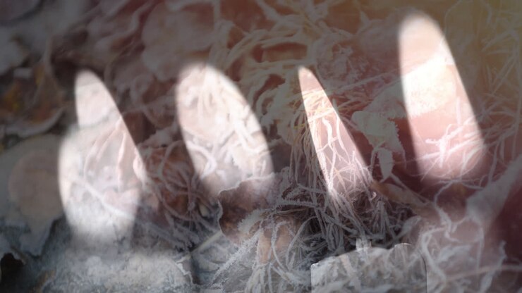 Digital composition of candles flames burning against dry roots and leaves on ground