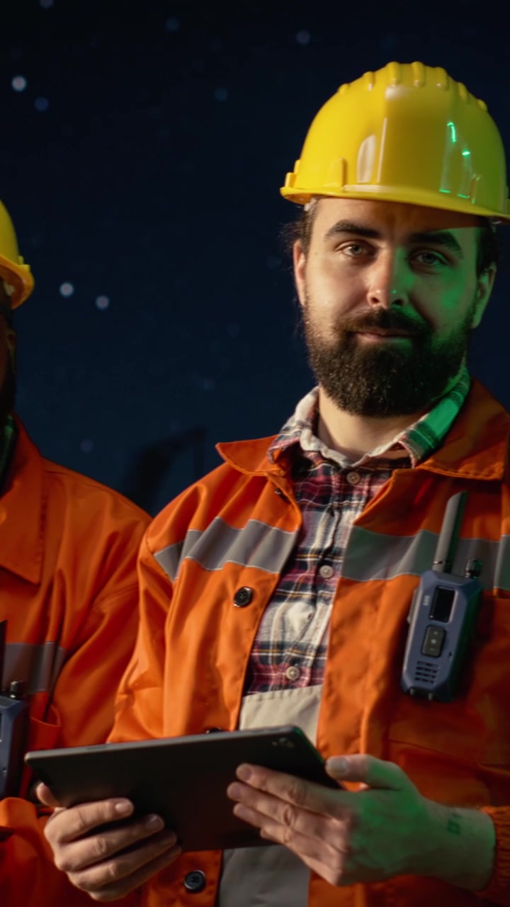 Vertical video Monitoring ship resources, oil crisis and cheerful offshore rig crew members