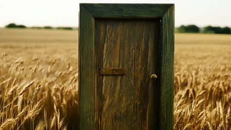 una puerta de madera solitaria se encuentra en el medio de un vasto y sereno campo de trigo, sugiriendo misterio e intriga bajo un cielo despejado.