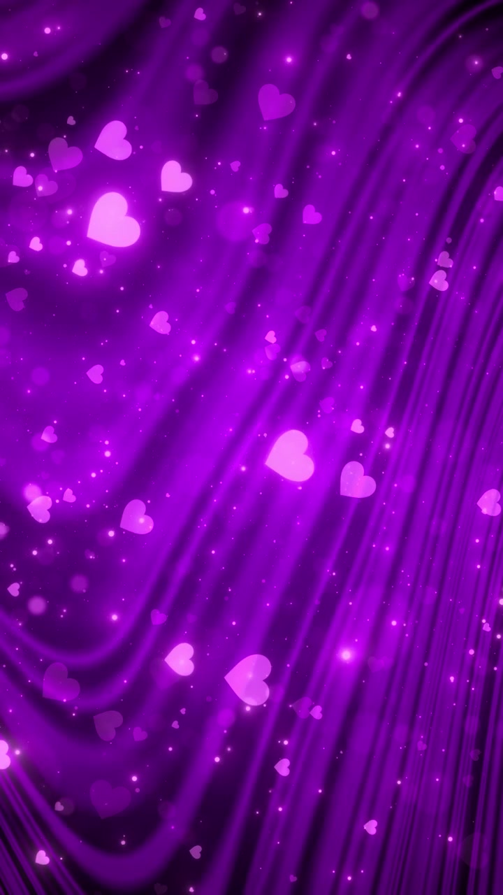 Violet kærlighedspartikel animation svævende hjerter glitrende bokeh fantasi glød romantiske reklamer sociale.