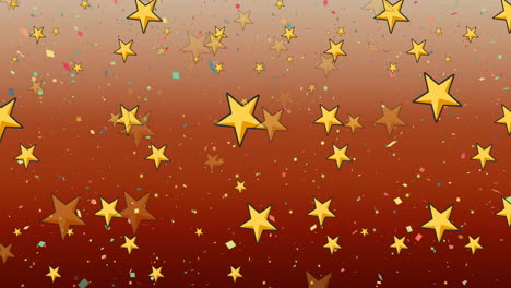 animation of yellow stars over falling confetti on dark orange background