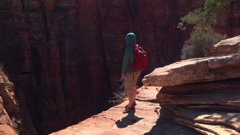 backpacker hiking pine creek canyon overlook trail near in zion national park - pointing out geological features