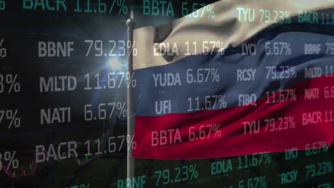 Animation-of-stock-market-data-processing-over-waving-russia-flag-and-light-spot-on-black-background