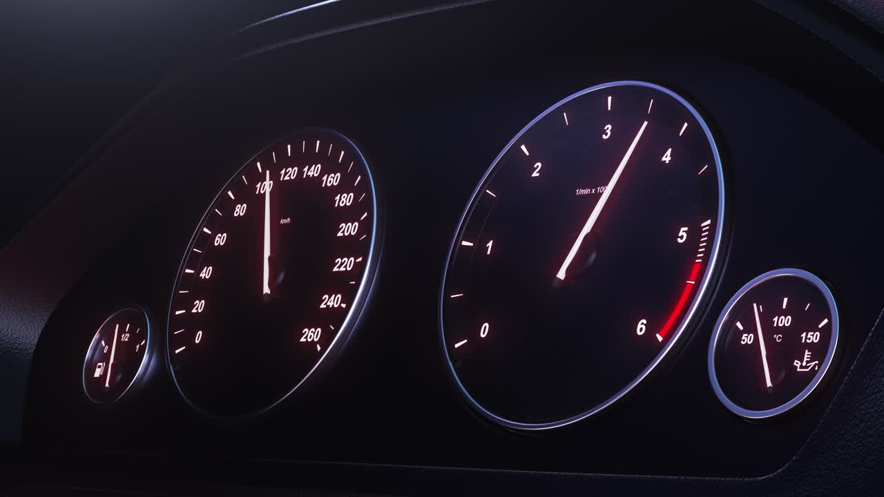 자동차 스피도미터가 밤에 속도를 올리고 있습니다.