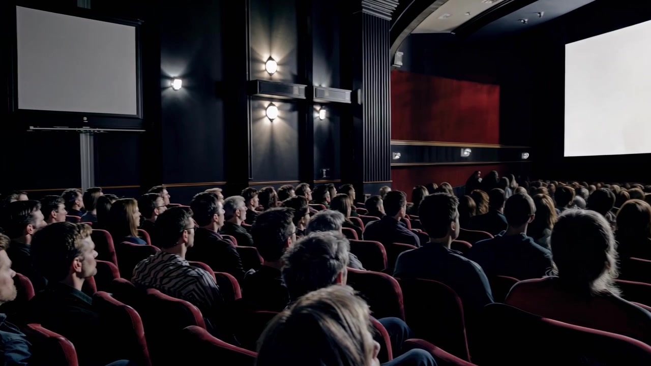 Ampio pubblico che guarda uno schermo vuoto in un cinema buio