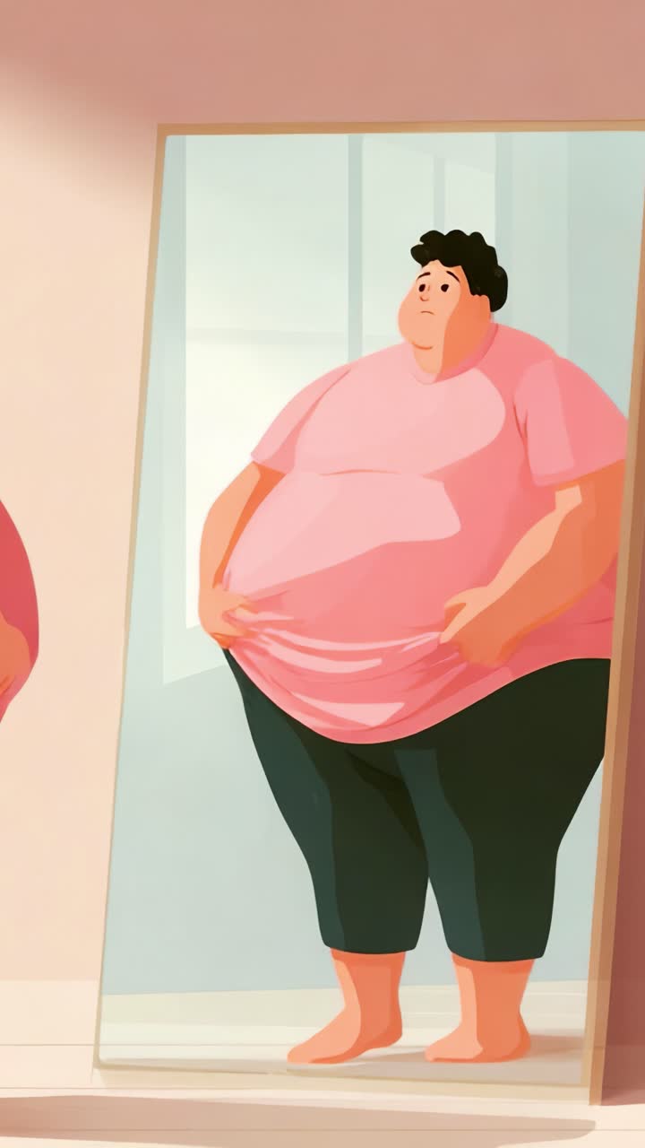 Una persona con una maglietta rosa osserva il suo riflesso in uno specchio, mettendo in evidenza i temi dell'immagine di sé, della body positivity e del percorso di auto-accettazione e fiducia.