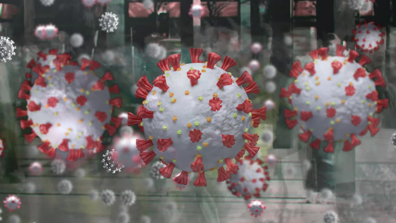 Animation of covid 19 cells over pedestrians walking in busy street