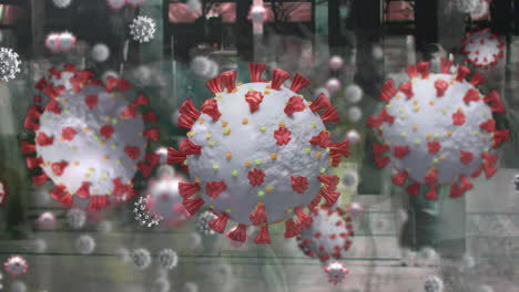 animation of covid 19 cells over pedestrians walking in busy street