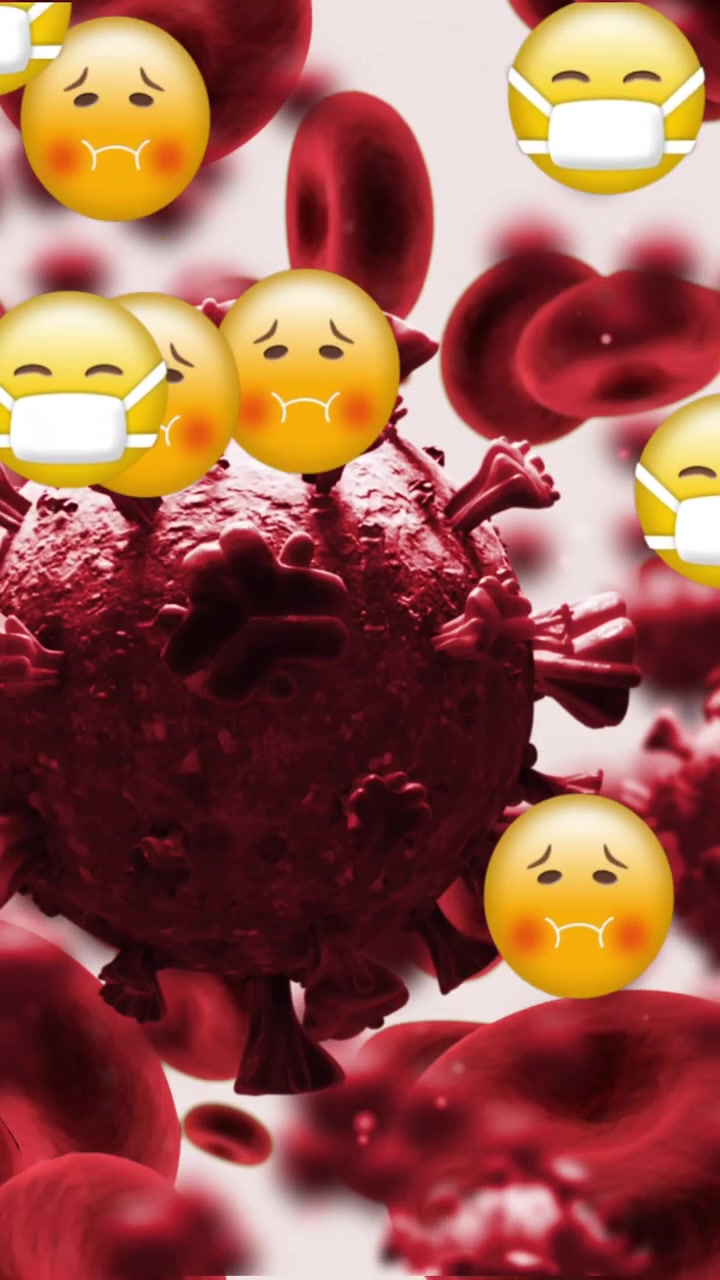 Emojis for kvalme og ansigt med maske svæver mod Covid-19-celler og blodkar i bevægelse