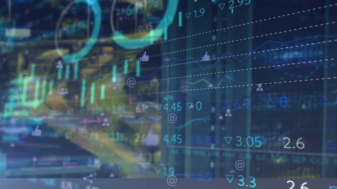 animazione di connessioni con icone tecnologiche su diversi dati finanziari e terminali di pagamento.