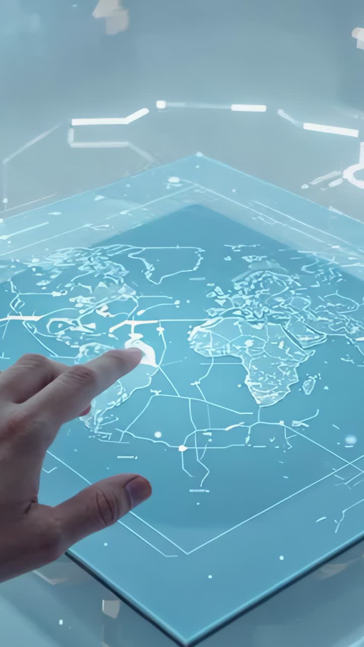 Vertical video: Entering right hand tracing cable nodes on holographic map at control desk, glowing