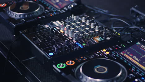 closeup of dj mixer and turntables