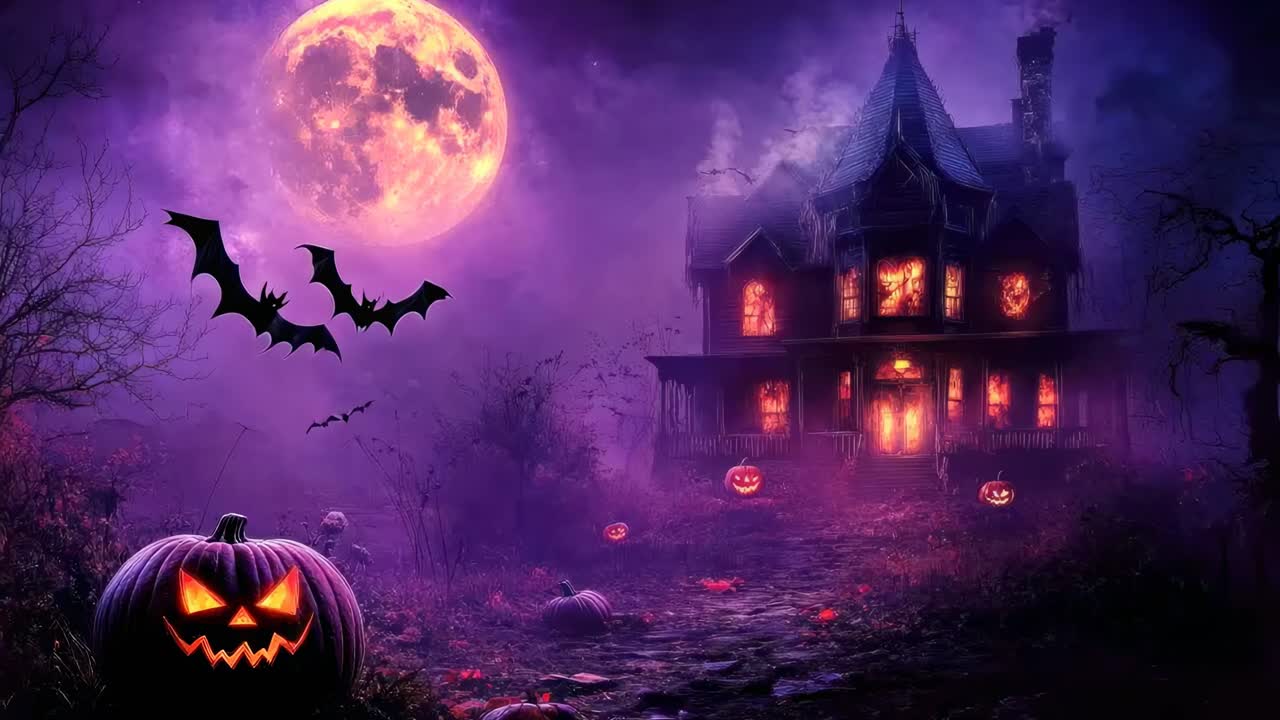 Scena spettrale di Halloween con una casa stregata, zucche illuminate e pipistrelli sotto la luna piena