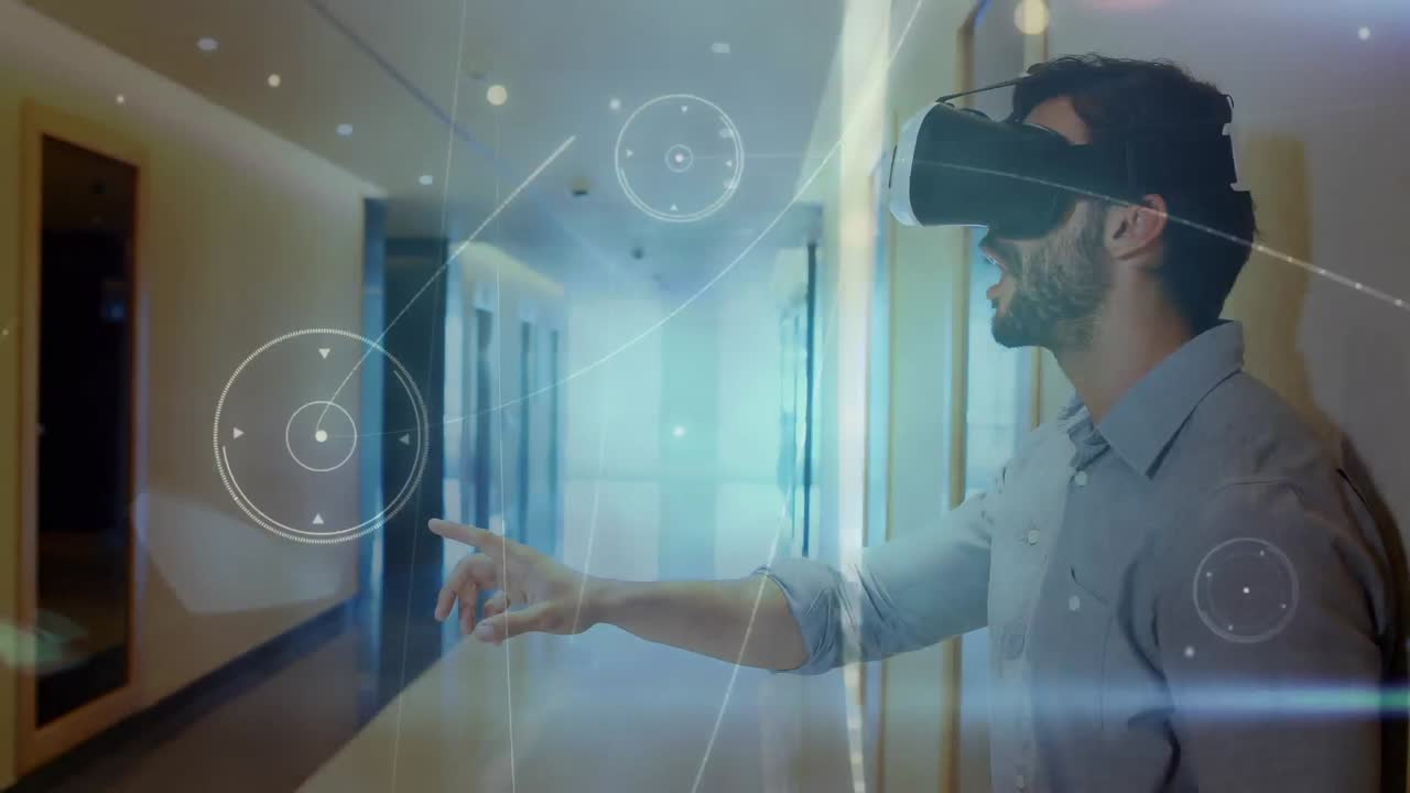 Animation of network of connections over man wearing vr headset