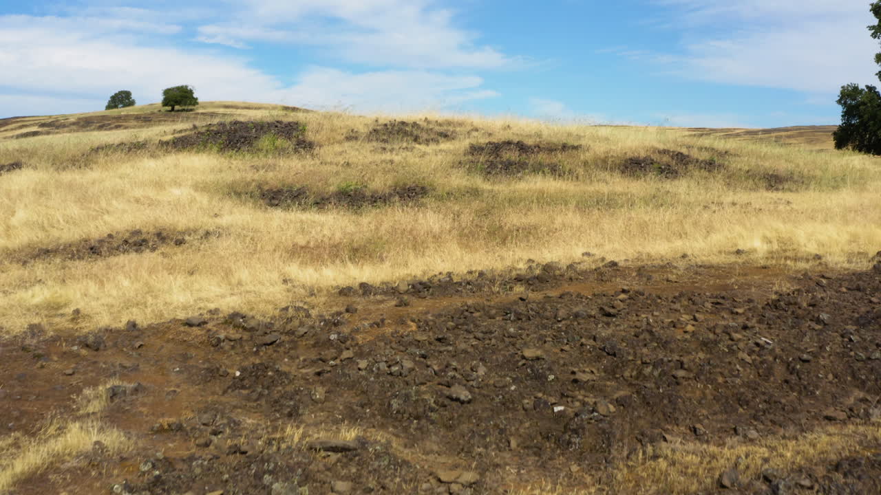 Dry yellow grass covering Tabletop Mountain near Oroville, low flying aerial
