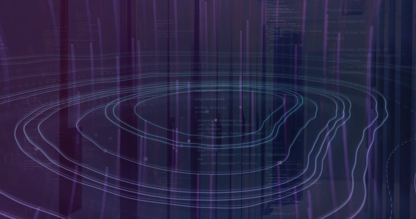Animation of light trails, topography and data processing against purple background