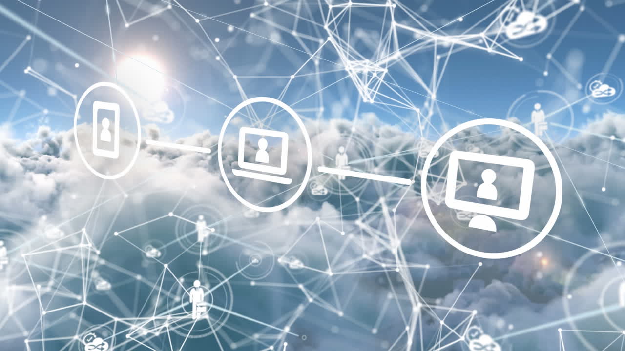 animación de redes de iconos de comunicación y medios sobre nubes y sol en el cielo azul