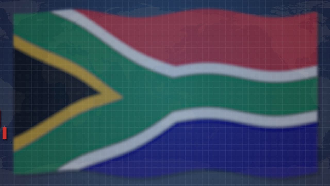Animation blends South African flag with fluctuating candlestick chart, symbolizing economic trends. Vibrant colors and smooth transitions enhance visual impact