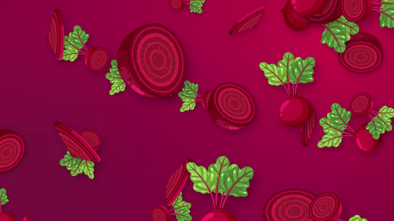 Stylized beetroot slices and whole vegetables fall continuously against a vibrant purple mesh background.