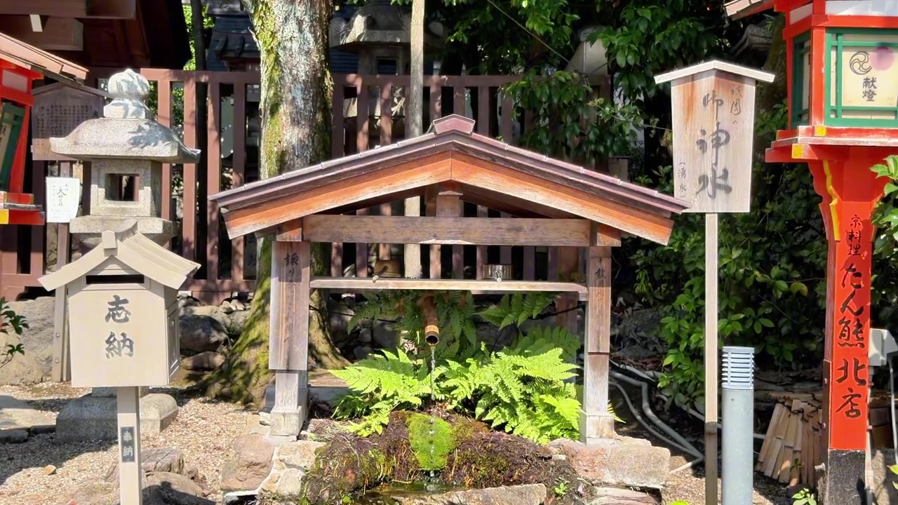 Air mancur pemurnian kayu tradisional dengan lampion batu di taman kuil Kyoto.
