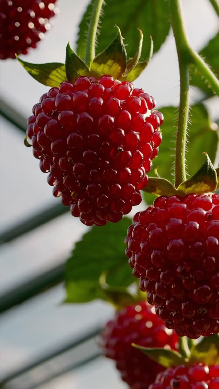 Close up of fresh red raspberries on the vine