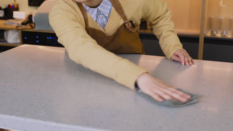 waitress cleaning bar counter with rag while working in coffee shop 2