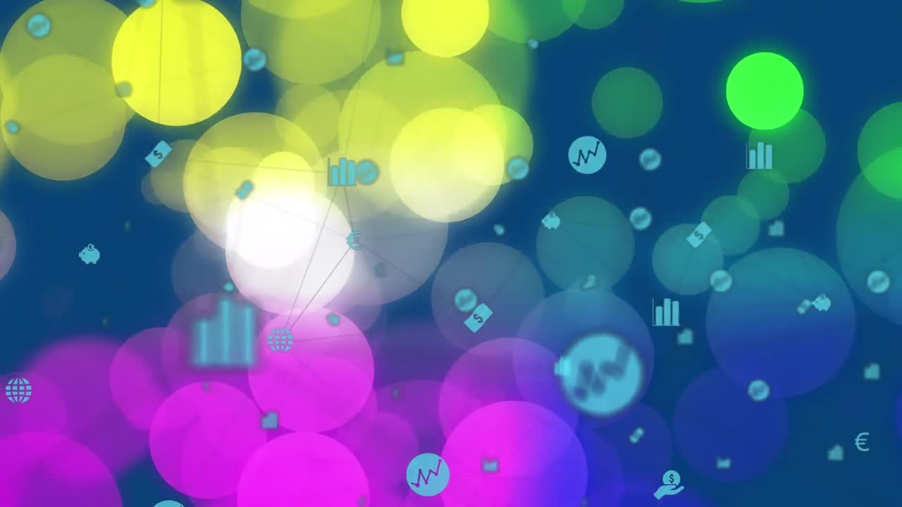 파란색 배경에 다채로운 렌즈 플레어 위에 연결된 아이콘의 애니메이션