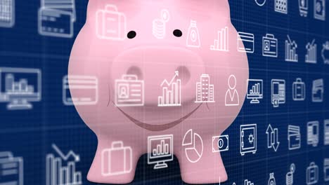 animation of business icons over piggy bank on blue background