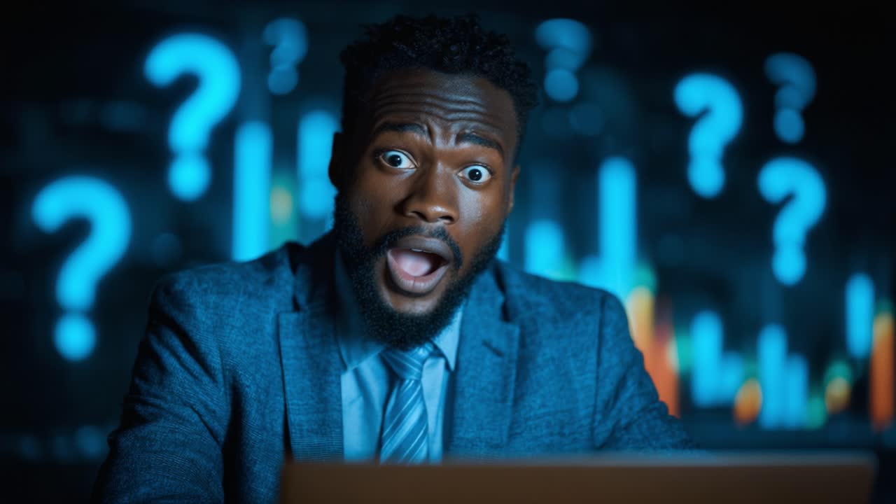 A man's surprising journey through unexpected data insights, showcasing his evolving emotions from confusion to astonishment as he analyzes the information on his laptop