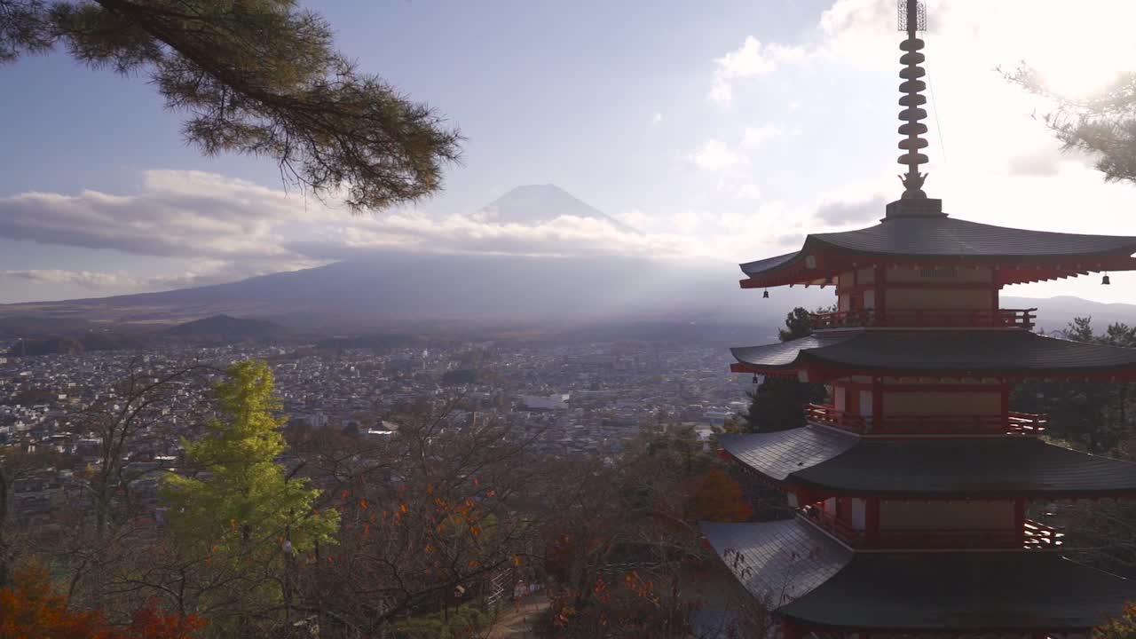 Langsom bred tilt op over Chureito Pagodas område og Fuji-bjerget på en klar solskinsdag