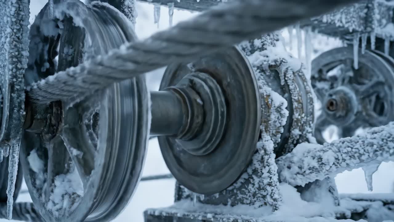 Primo piano di ruote ghiacciate della carrucola di una seggiovia che ruotano in inverno