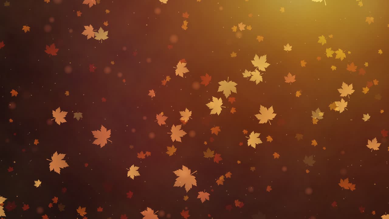 Autumn leaves falling and drifting on golden brown defocused background with warm sunlight and bokeh effects