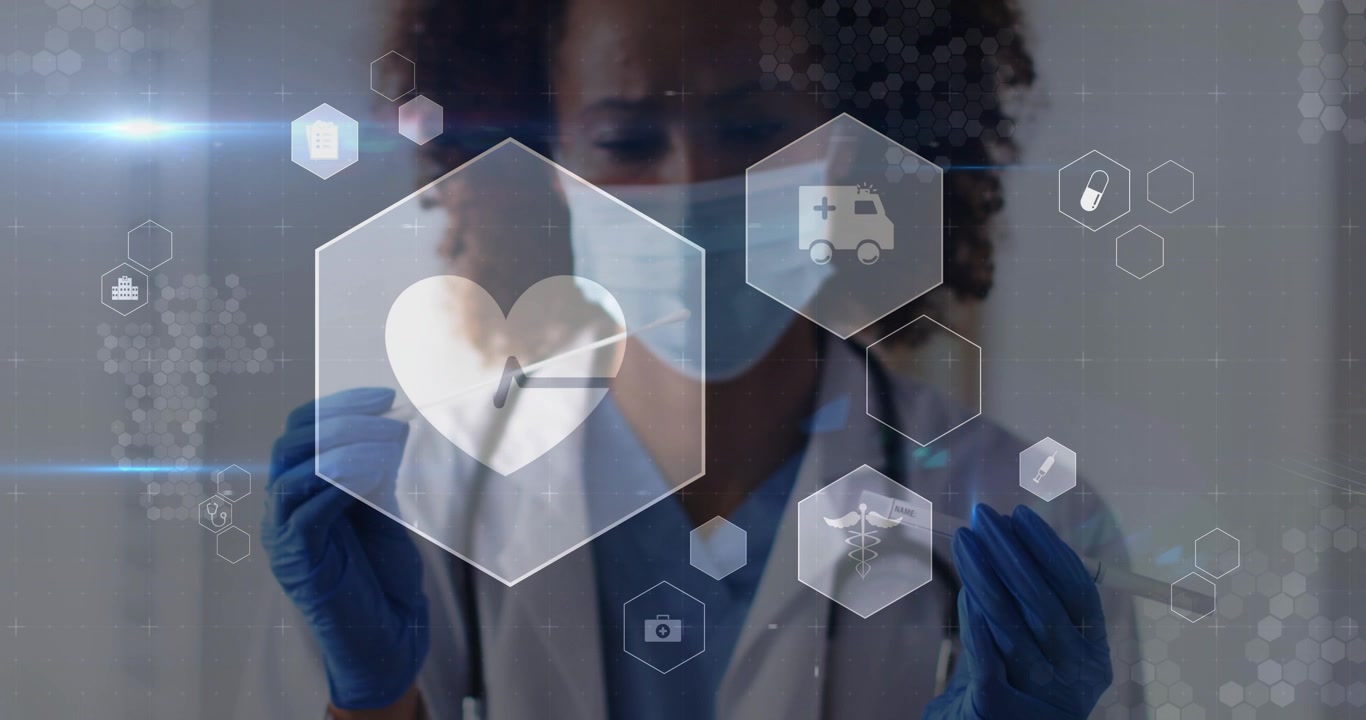Clínico alinhando cotonete e frasco, causando um pico de ECG cardíaco animado em uma interface de usuário hexagonal para teste.